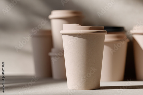 collection of coffee cup mockups showcasing minimalist design with soft lighting
