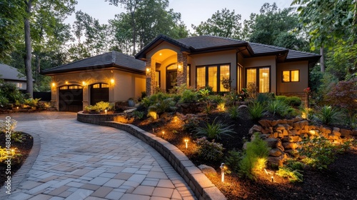 Beautiful suburban home with landscape lighting at twilight hours