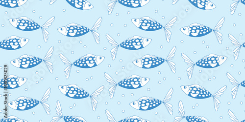 Cute children's seamless pattern. Vector illustration with hand-drawn fish. Pattern for textile design, wrapping paper, menu and printing, interior design. Calm soft blue and white colors.