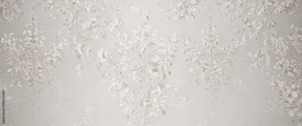 Fototapeta premium Delicate white damask, blossoms & vines, refined texture , bright, pattern