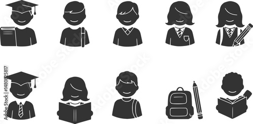 set of Man girl students classmates pictogram icon in a collection with other items
