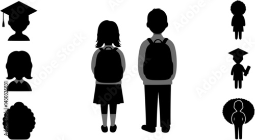 set of Man girl students classmates pictogram icon in a collection with other items
