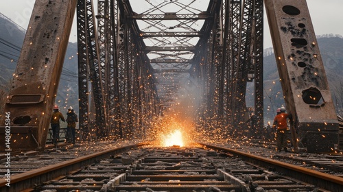 Metal railroad bridge repair intense sparks construction industrial