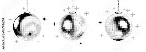 Disco Ball Halftone Party Set. Dance music collage with glowing stars on white background in retro pop art style. Vector club dj retro vintage mirror texture 3D ball element isolated.	
