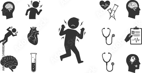 set of Man seizure shake icon in a collection with other items. heart attack