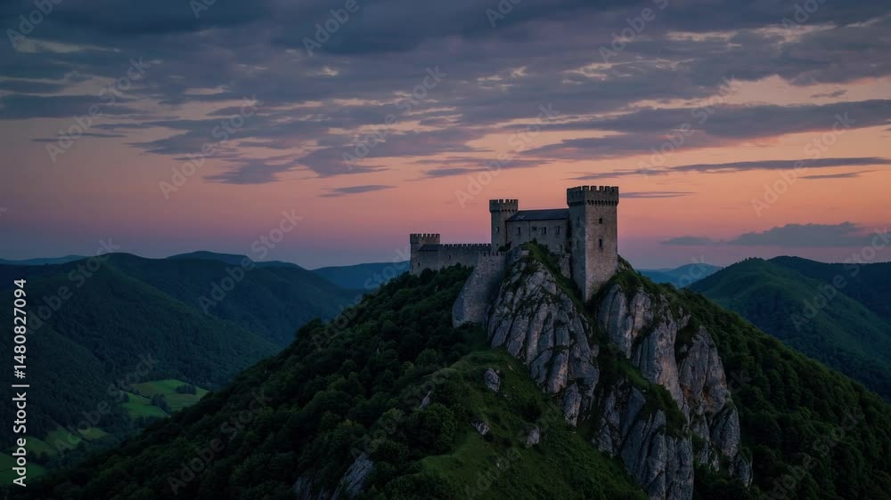 Aerial view of historic castle on mountain peak at sunrise, HD drone footage Aerial view of historic castle on mountain peak at sunrise, HD drone footage
