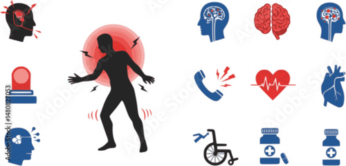 set of Man seizure shake icon in a collection with other items. heart attack