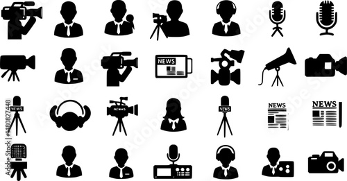 set of Cameraman, reporter, journalist pictogram icon in a collection with other items

