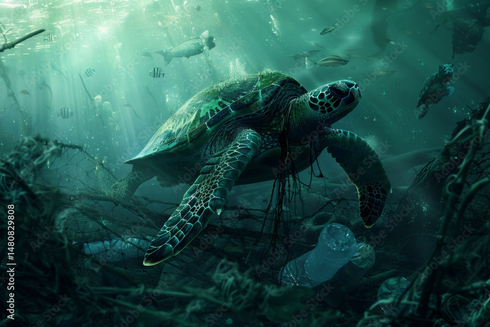 Fototapeta premium Sea turtle swimming in polluted ocean with plastic waste