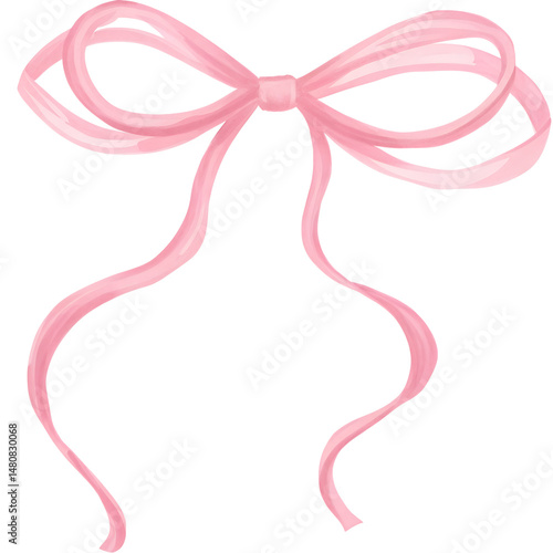 Watercolor style pink bow with long ribbons on a transparent background.