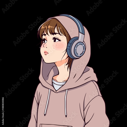Serene melodies and inner peace: Anime style character absorbed in sound. Reflecting on a moment of musical reverie and self-discovery. 