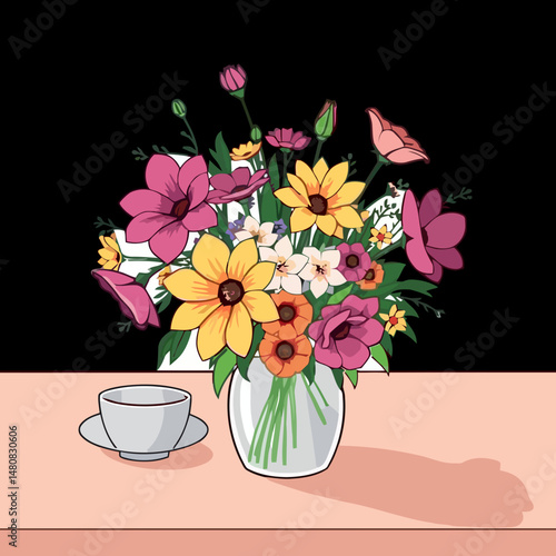 Blossom Bouquet with Tea cup:A vibrant illustration of a beautiful array of mixed flowers blooms elegantly from a glass vase, accompanied by a delicate teacup and saucer, creating a harmonious scene.