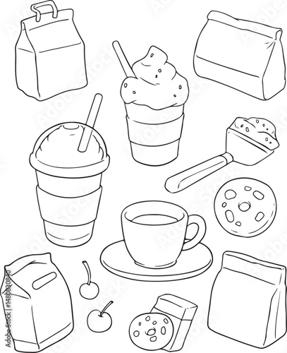 Hand-drawn set of takeaway food and drinks. Coffee cup, iced drink, paper bags, cookies, sandwich, cherries, ice cream scoop. Sketch style vector illustration.