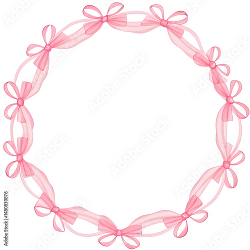 Watercolor pink bow wreath frame on a transparent background.