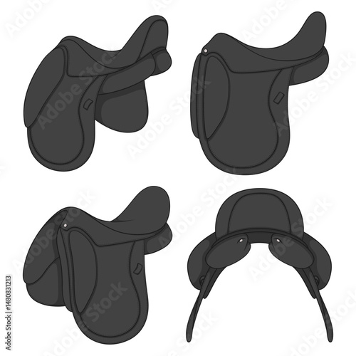 Set of color illustrations with black horse saddle. Isolated vector objects on white background.