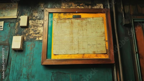 Wallpaper Mural Vintage textured wall featuring a framed paper document and stack of notes. Torontodigital.ca