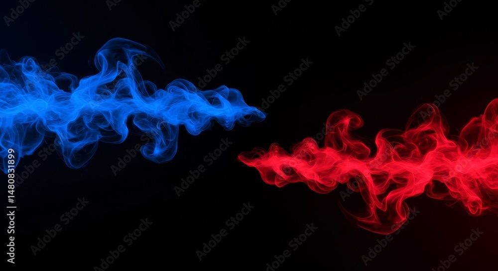 Fototapeta premium Blue and Red Smoke Streams - Abstract of blue and red smoke streams against a black background, symbolizing opposing forces or duality