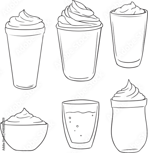 Hand-drawn set of iced coffee and frappe drinks with whipped cream in various cups and glasses. Sketch style vector illustration.