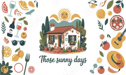 A modern vector illustration in a Mediterranean summer theme,  easily scalable and editable.