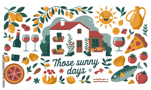 A modern vector illustration in a Mediterranean summer theme,  easily scalable and editable.