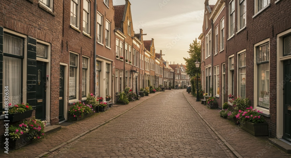Obraz premium Brielle Street Cobblestone Lane Dutch Town - Charming Dutch town street scene, cobblestone road, historic brick buildings, flower boxes, morning sunlight. Symbolizing peace, history, charm, community