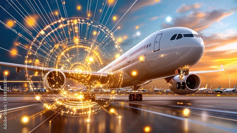 Fototapeta premium Airplane on runway with a digital data overlay