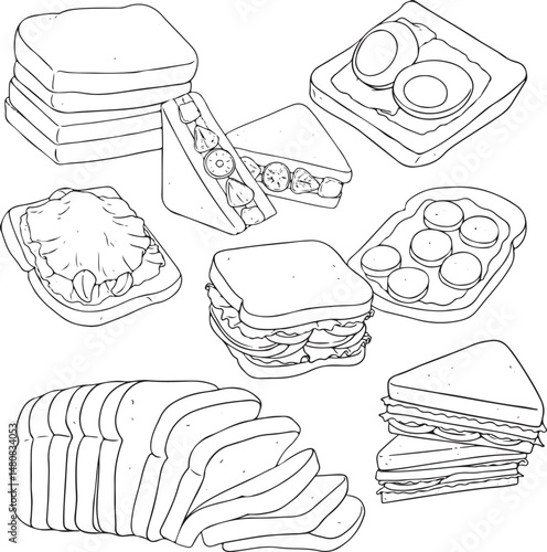 Hand-drawn vector set of various sandwiches and sliced bread. Includes club sandwich, egg toast, open-faced sandwich, and more. Sketch style illustration.