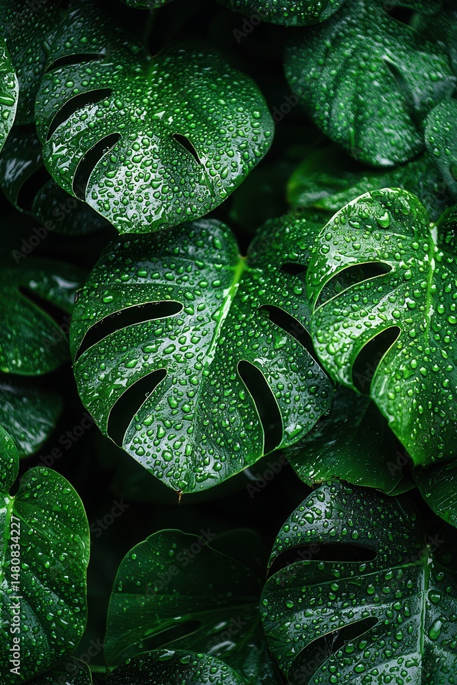 Close-up of green leaves with water droplets after rainfall