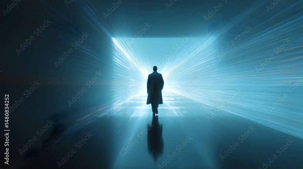 Silhouette walking into bright light, abstract tunnel. Mystery, hope, and transition are the keywords. A man in a coat goes into the light. Silhouette walking into bright light, abstract tunnel. Mystery, hope, and transition are the keywords. A man in a coat goes into the light.