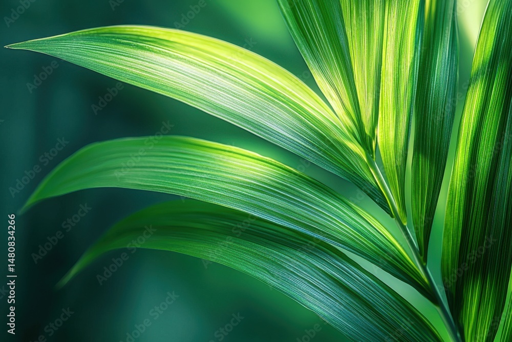 Close-up of vibrant green palm leaves in soft natural sunlight