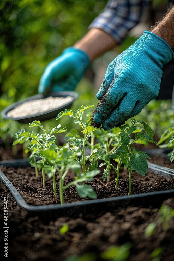 Gardener’s Hands Tending Tomato Seedlings in Rich Soil with Fertilizer
