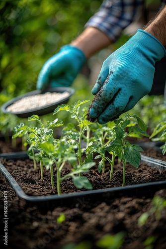 Obraz na płótnie Gardener’s Hands Tending Tomato Seedlings in Rich Soil with Fertilizer w salonie