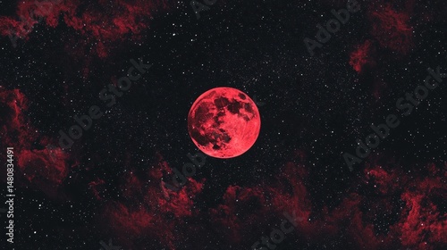 A large, bright red moon in the night sky.