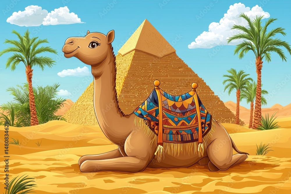 Camel resting near the pyramids under a sunny desert sky