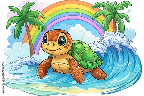 Obraz na płótnie Cartoon turtle surfing a wave with palm trees and a rainbow background w salonie