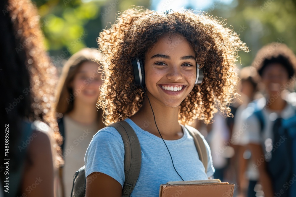 Smiling student enjoying their day with friends in a sunny outdoor setting