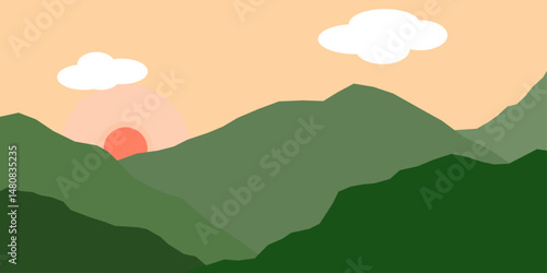Illustration of landscape. Vector landscape. green mountain and sun on orange sky.