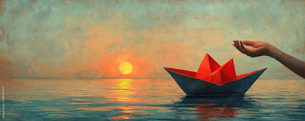 Hand holding an origami paper boat against a vibrant sea and sunset