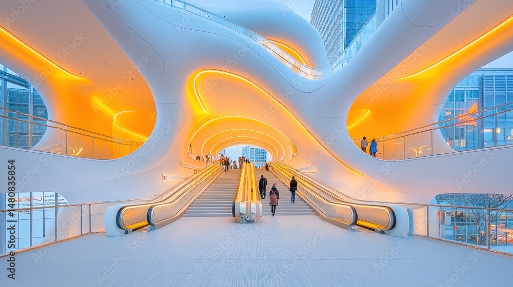 Fototapeta premium Futuristic architectural structure illuminated with orange glow and escalators