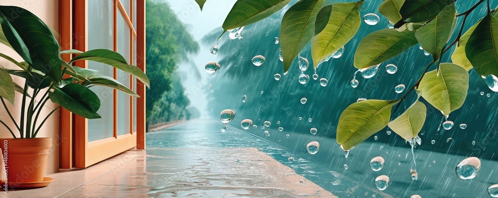 Close-up of raindrops on leaves by a window with lush greenery outdoors
