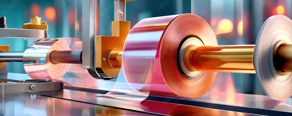 Close-up of an industrial tape dispenser in automated packaging machinery