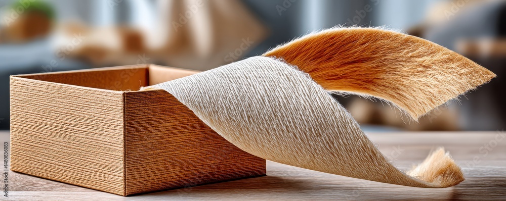 Close-up view of textured box and fabric in elegant natural colors