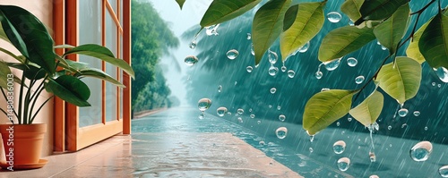 Obraz na płótnie Close-up of raindrops on leaves by a window with lush greenery outdoors w salonie