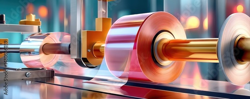 Obraz na płótnie Close-up of an industrial tape dispenser in automated packaging machinery w salonie