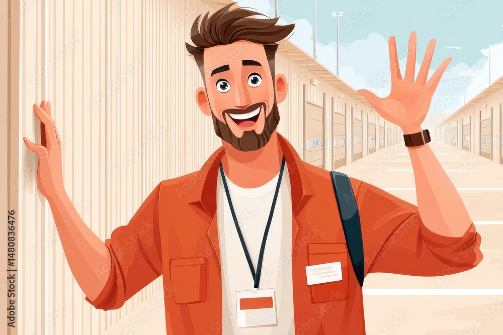 Friendly supervisor waving hello in a warehouse loading square