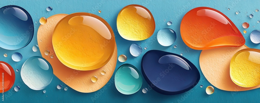Colorful droplets creating abstract patterns on a vibrant blue background
