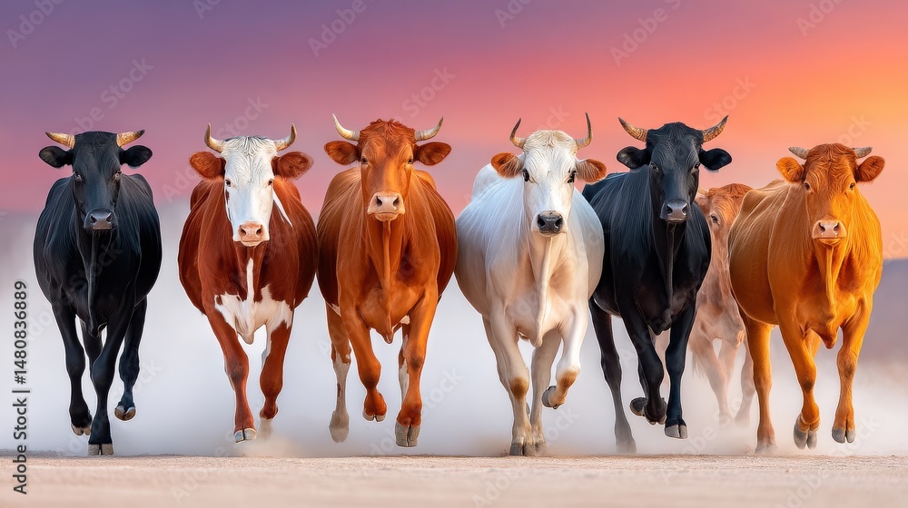 Herd of cows running energetically under a colorful dusk sky
