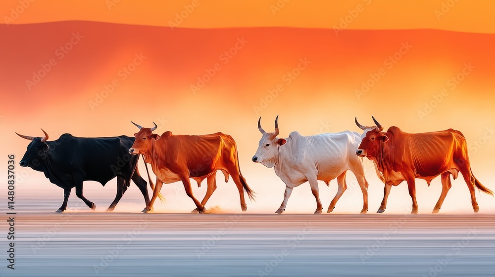 Cows walking in unison during a vivid sunset across a serene landscape