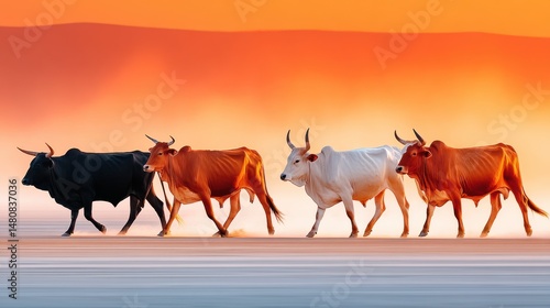 Obraz na płótnie Cows walking in unison during a vivid sunset across a serene landscape w salonie