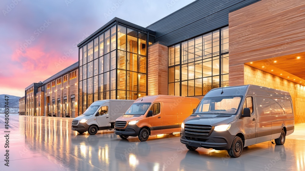Modern warehouse exterior with delivery vans at sunrise
